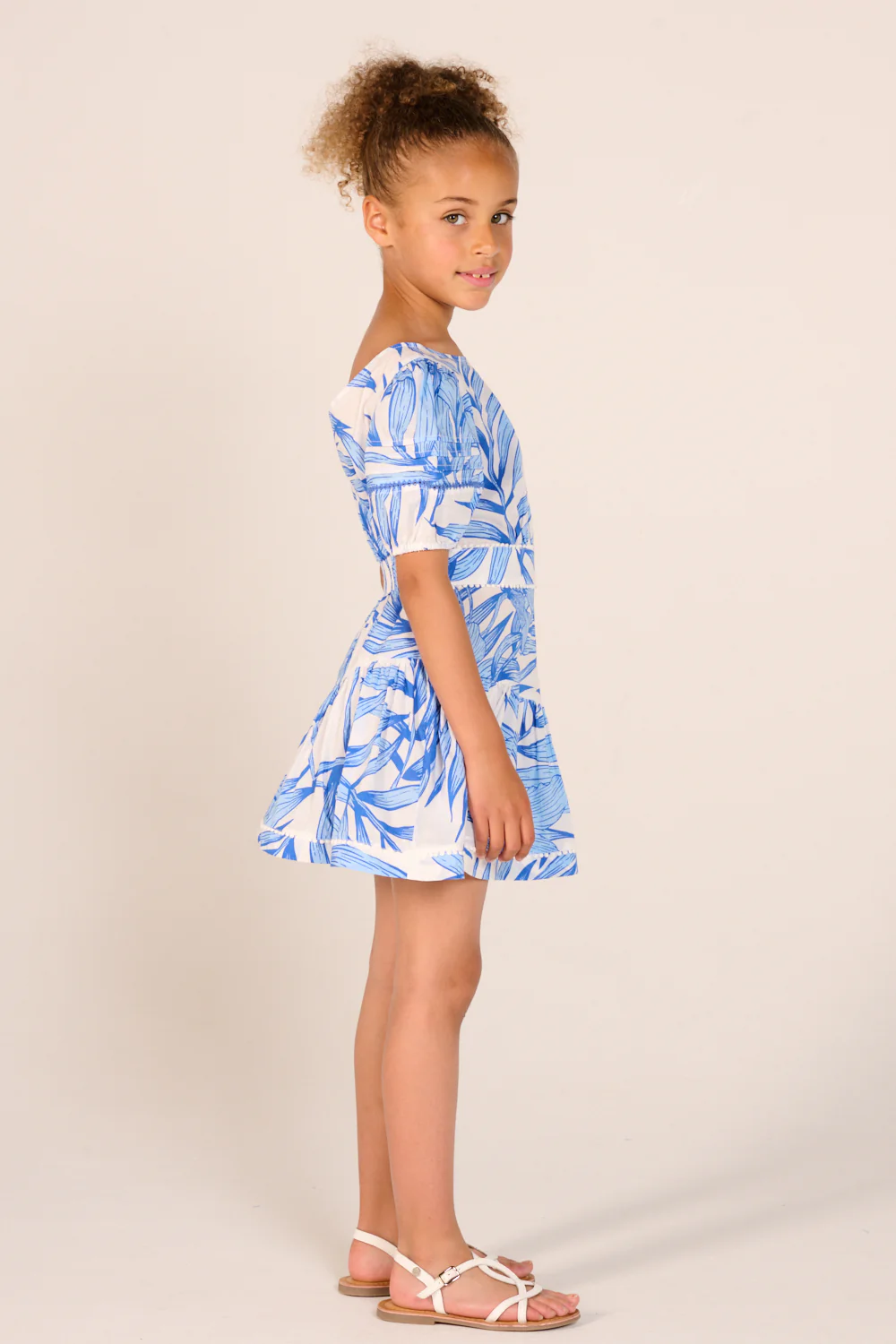 Mini Dress Chantal for girls - Blue Palm Leaf - Image 4